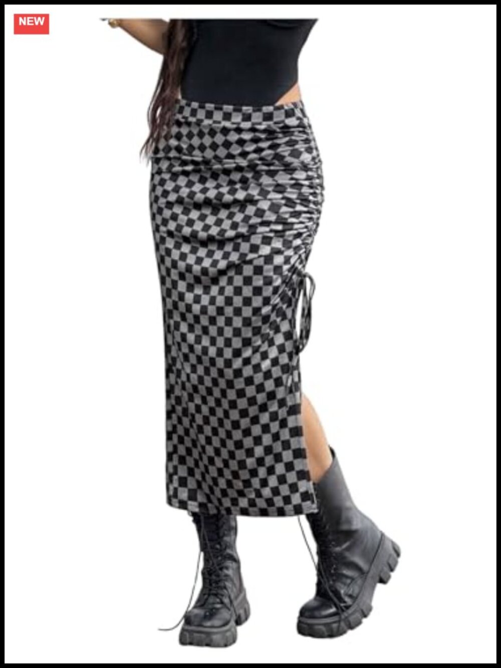 High Waist Bodycon Midi Skirt with Slit Ruched Drawstring Checkered